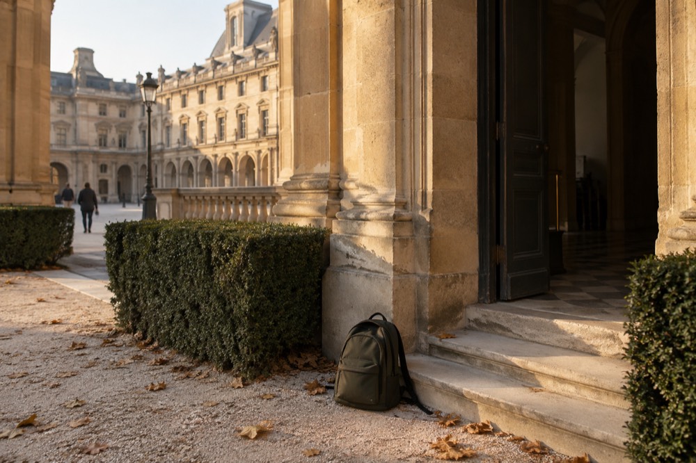 Une entrée de musée en pierre à Paris avec un petit sac à dos posé au sol près de la porte