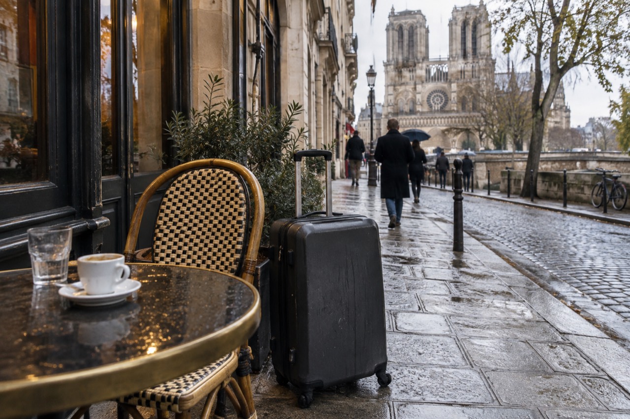 A closed suitcase standing beside a cafe table on a Paris sidewalk