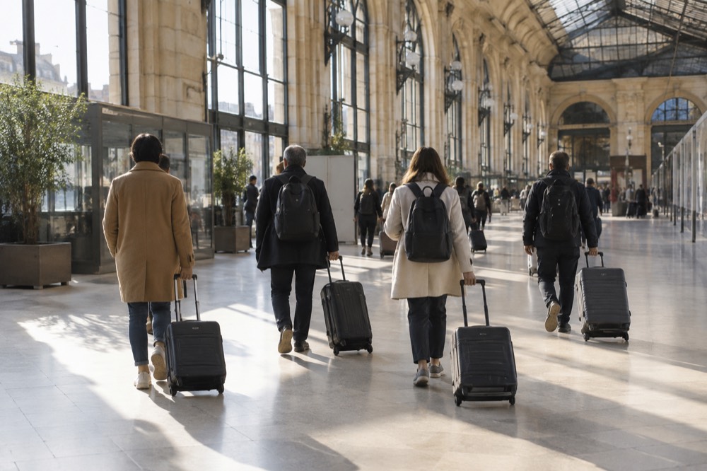 Voyageurs avec des valises traversant le hall d'une gare parisienne