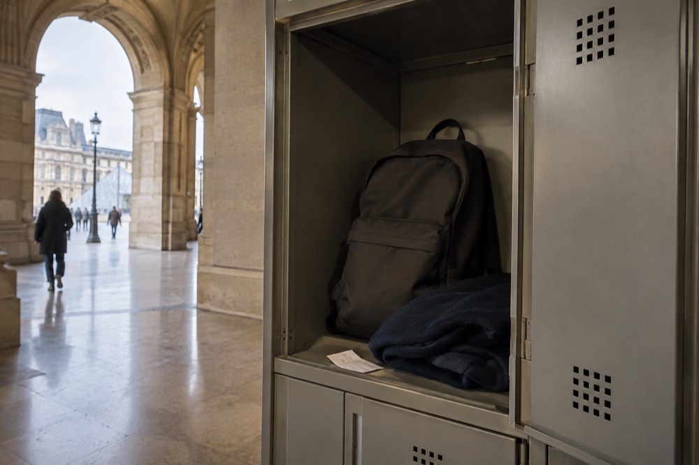 Un petit sac à dos de journée et une veste dans un casier de vestiaire de musée à Paris