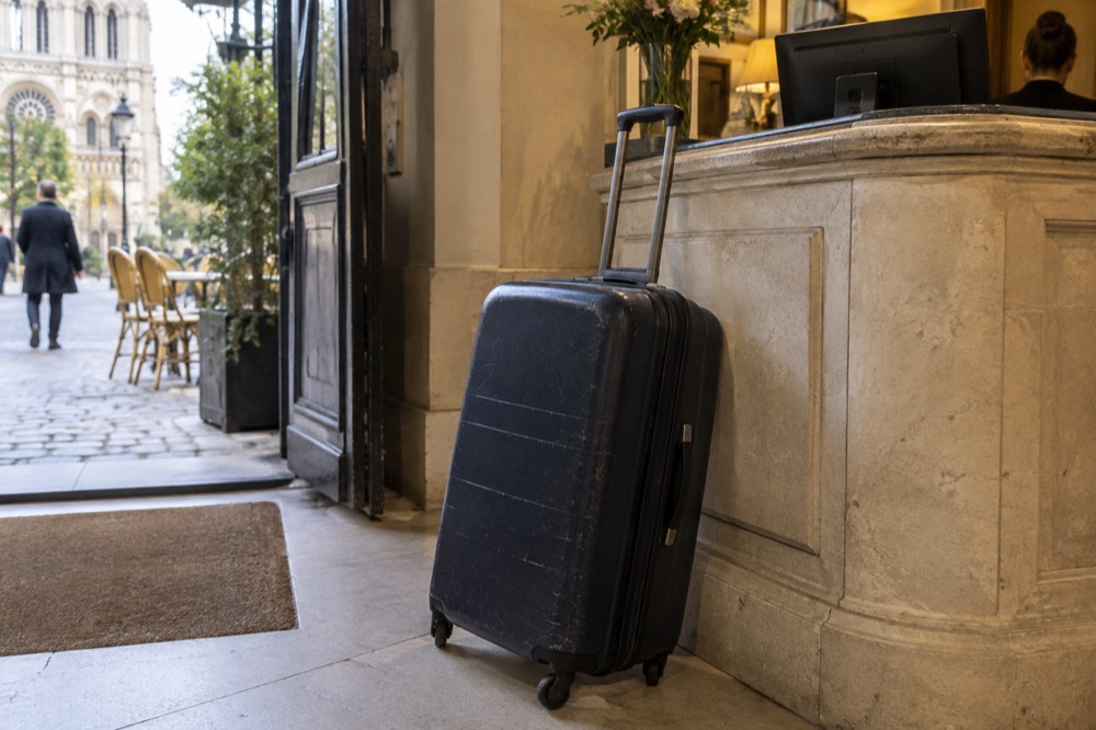 Comptoir de réception d'un hôtel à Paris avec une valise posée contre le bureau et le terminal informatique d'un agent