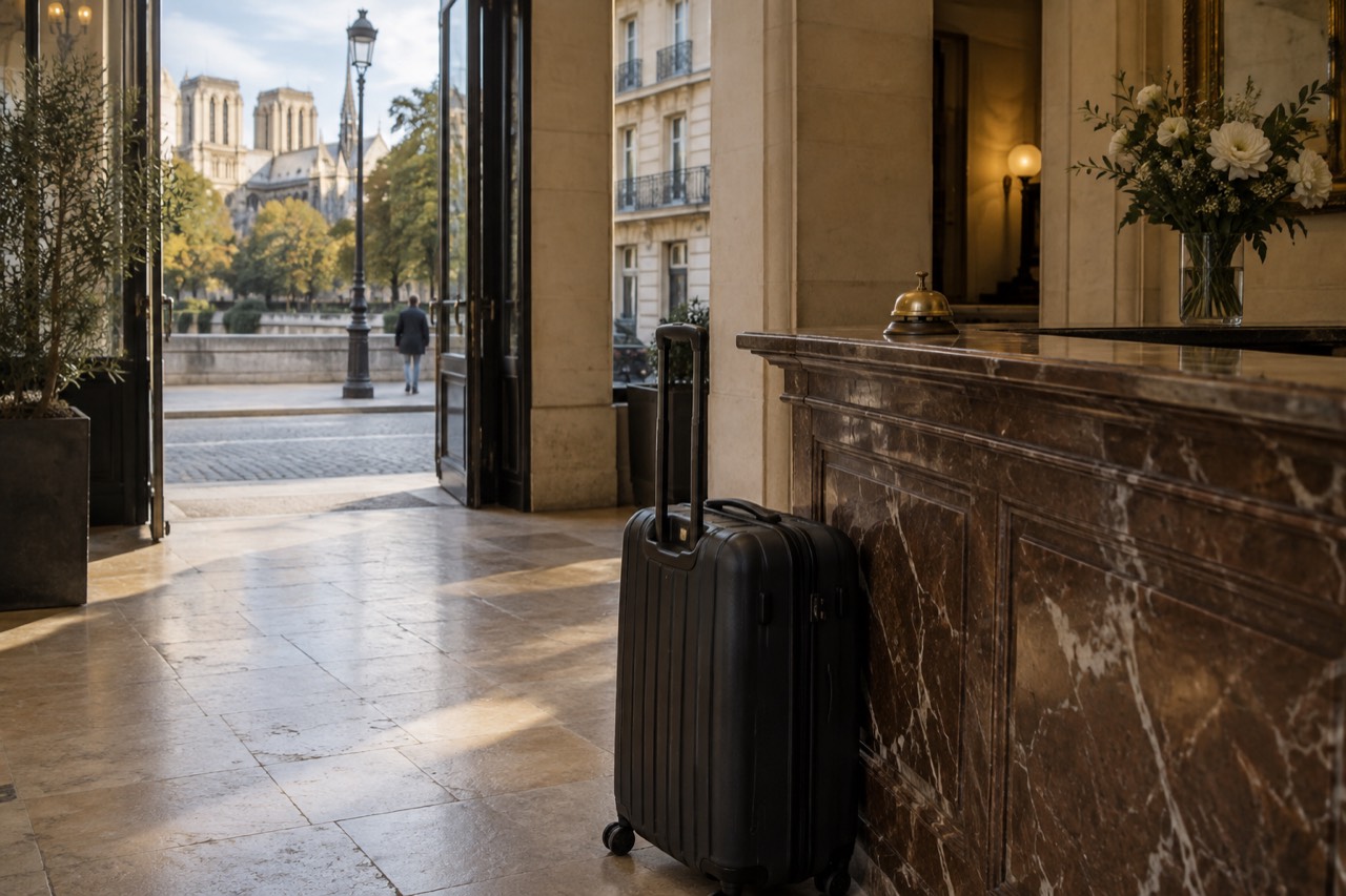 Empty hotel reception desk with a brass bell and a suitcase parked beside it in a Paris lobby