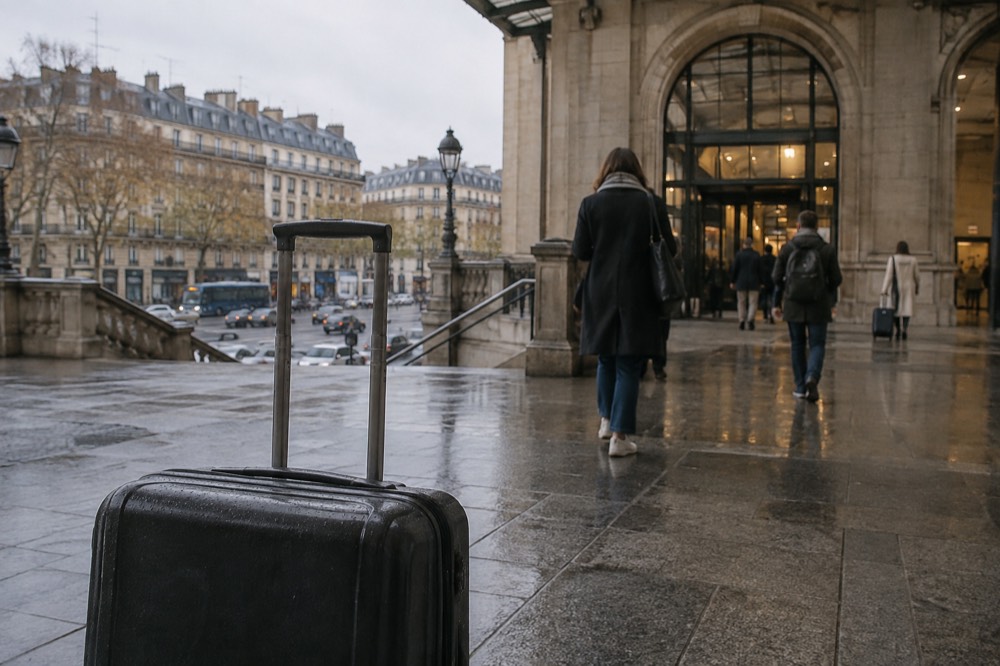 A suitcase set down on the pavement under the stone entrance canopy of a Paris station