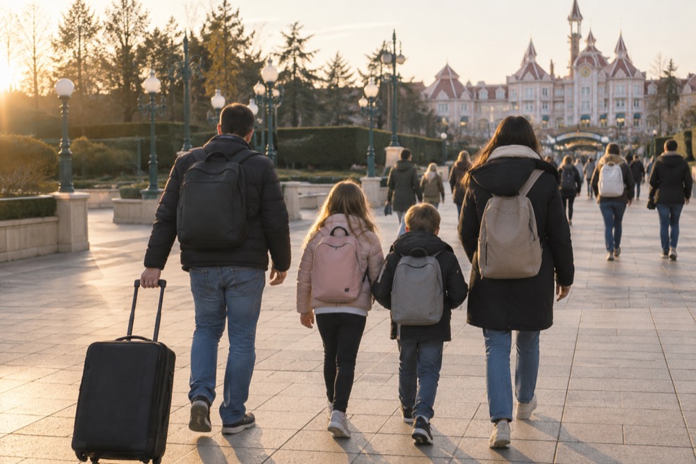 A family walking toward park gates east of Paris carrying small backpacks in morning light