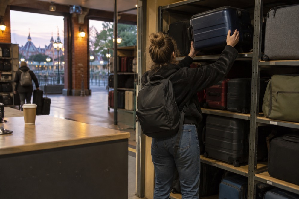 Traveller collecting a suitcase from a shop storage point in the evening