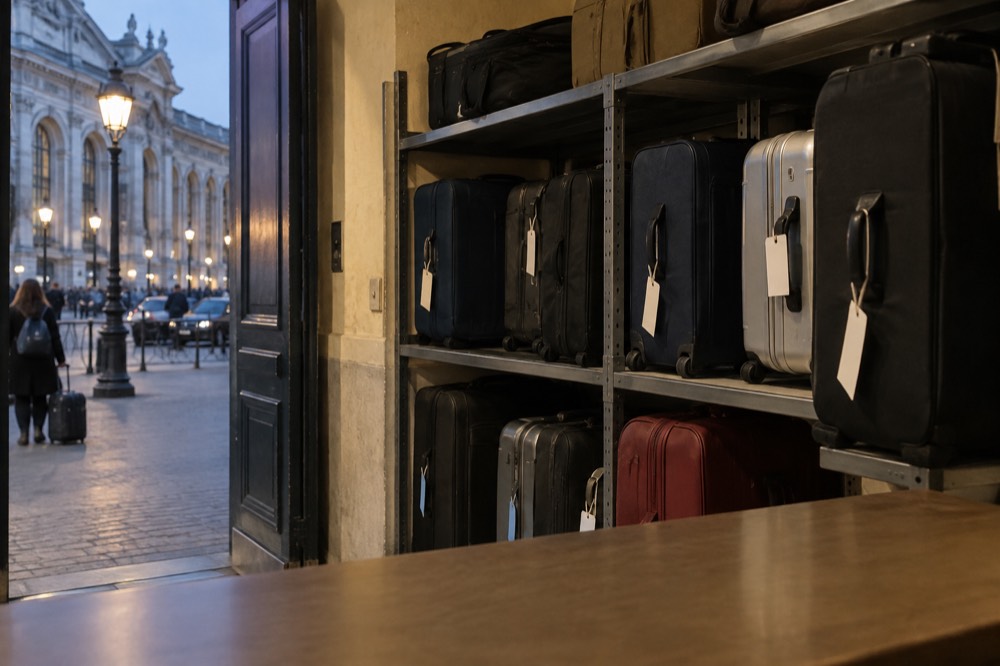 A shop counter with tagged suitcases stored behind it