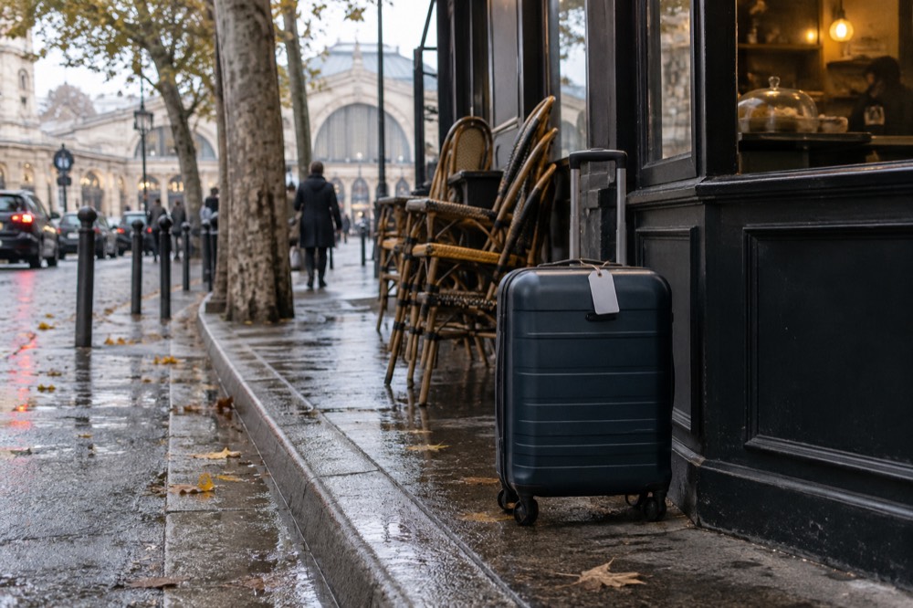 Une valise étiquetée posée à côté du comptoir d'un café dans une rue de Paris