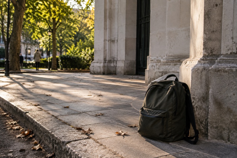 Un petit sac à dos posé sur le trottoir devant le pavillon d'entrée étroit des Catacombes de Paris