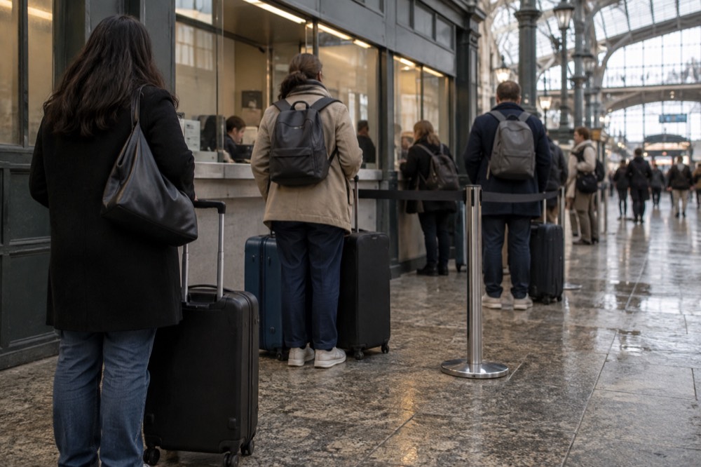 Un comptoir de consigne à bagages d'aéroport avec un guichet tenu par du personnel, une barrière de file d'attente et des valises à roulettes qui attendent à côté