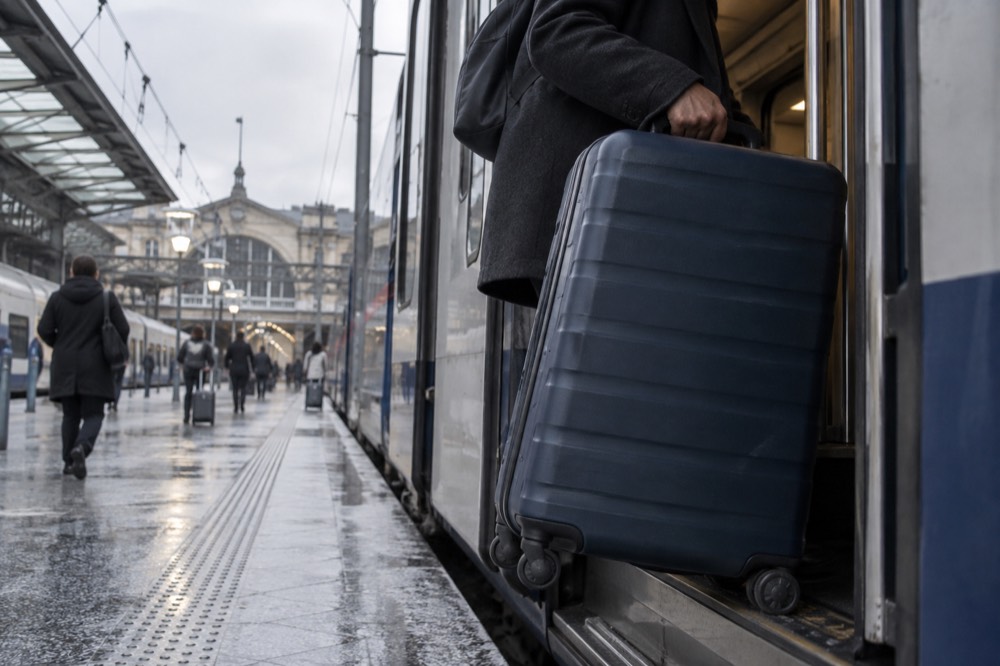 Un quai de train de banlieue dans une gare d'aéroport, avec un voyageur qui monte dans le train en tirant une grande valise à roulettes
