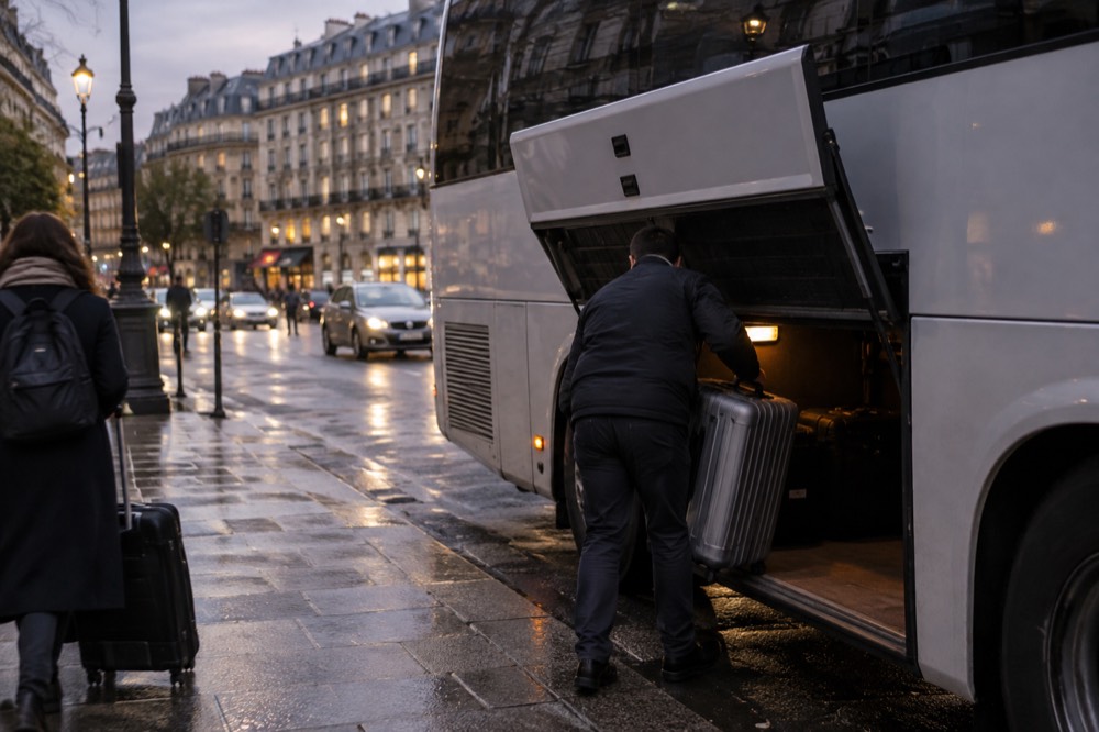 Une aire d'arrêt de bus urbaine avec un autocar express d'aéroport le long du trottoir et un voyageur qui charge une valise dans la soute