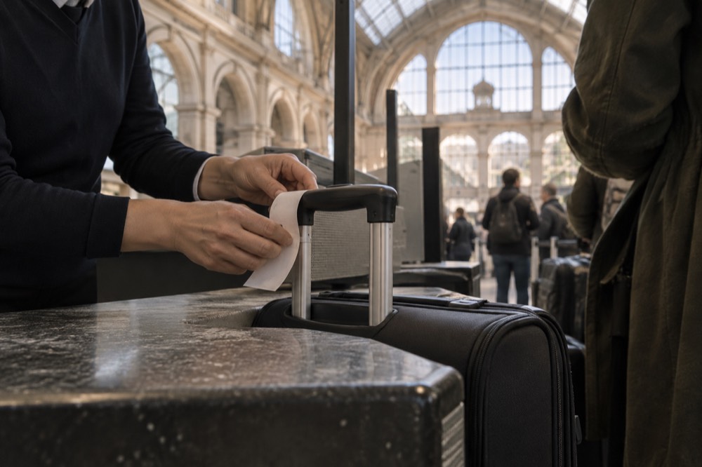 Vue rapprochée d'une valise remise par-dessus un comptoir, avec une étiquette en papier attachée à la poignée