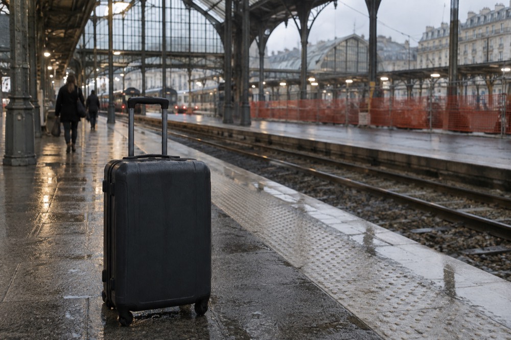 Une valise sur un quai de gare parisien, avec des travaux ferroviaires clôturés sur la voie opposée