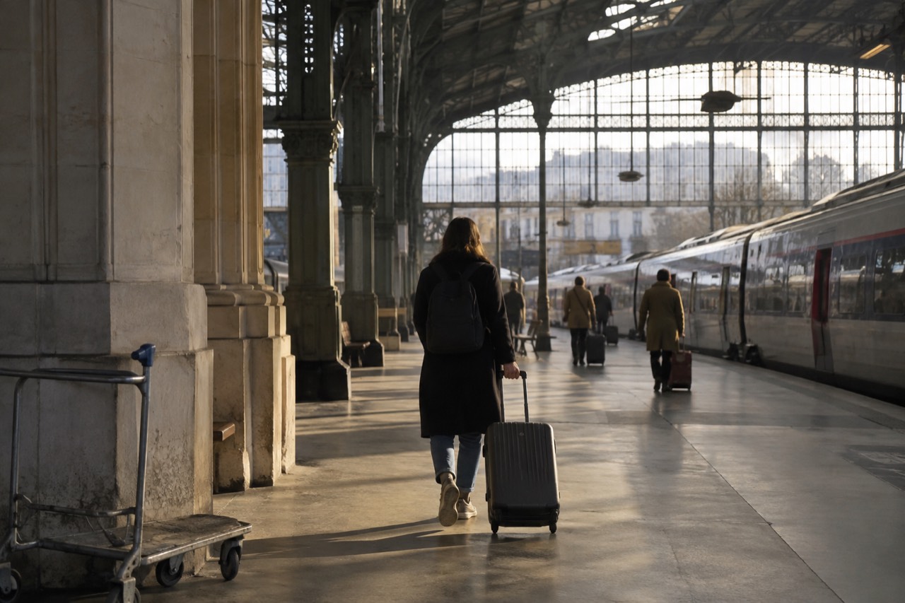 A traveller pulling a wheeled suitcase across a wide airport arrivals hall near Paris