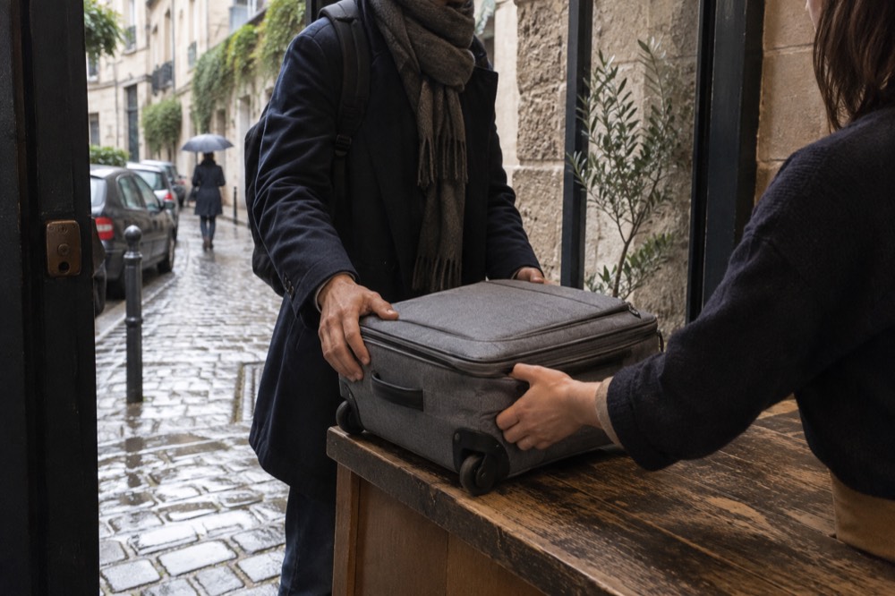 Un voyageur remettant une valise par-dessus le comptoir d'une boutique à Paris