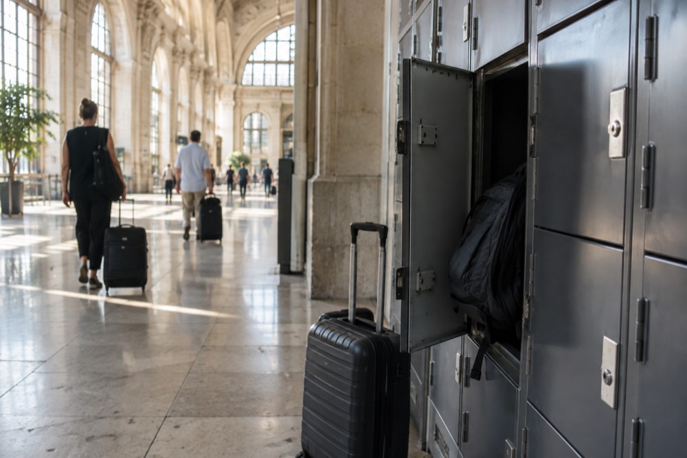 Une rangée de casiers en libre-service dans un couloir de gare parisienne