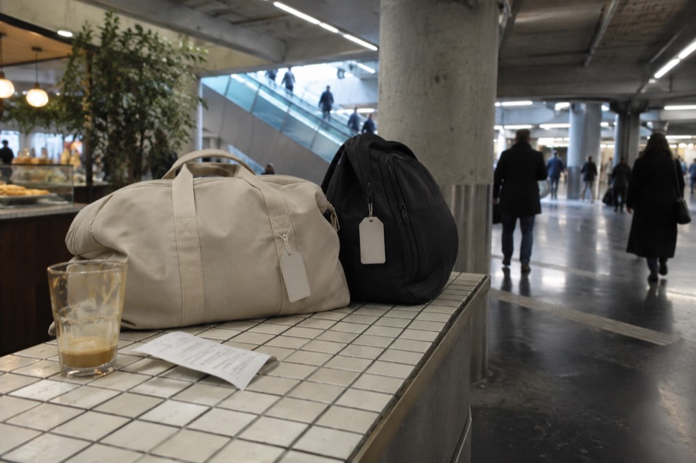 A receipt and tagged luggage on a Paris cafe counter
