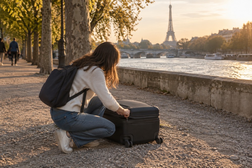 A suitcase being zipped closed on a Paris street before a storage drop-off