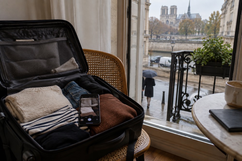 A person photographing the contents of an open suitcase before storing it in Paris