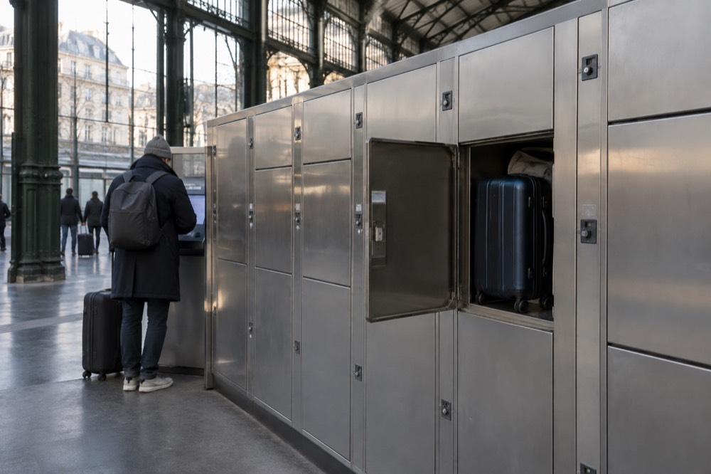 A row of automated luggage lockers inside a Paris train station with a traveller paying at a terminal