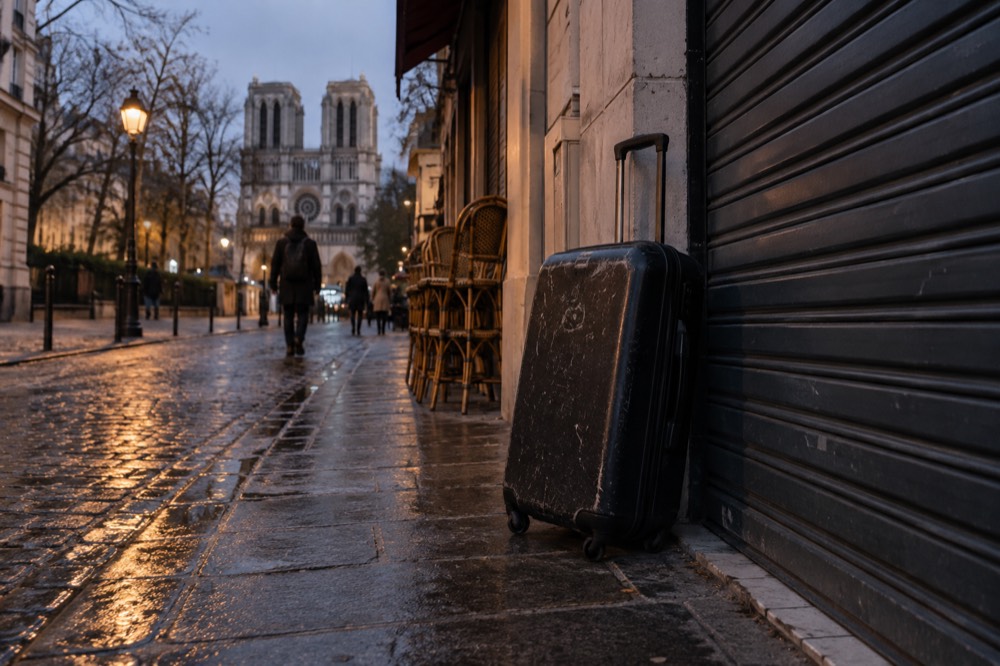 Valise attendant près du rideau de fer fermé d'une boutique parisienne au crépuscule