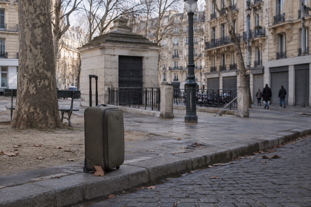 Une valise dans une rue parisienne calme un dimanche matin, avec des volets fermés tout le long