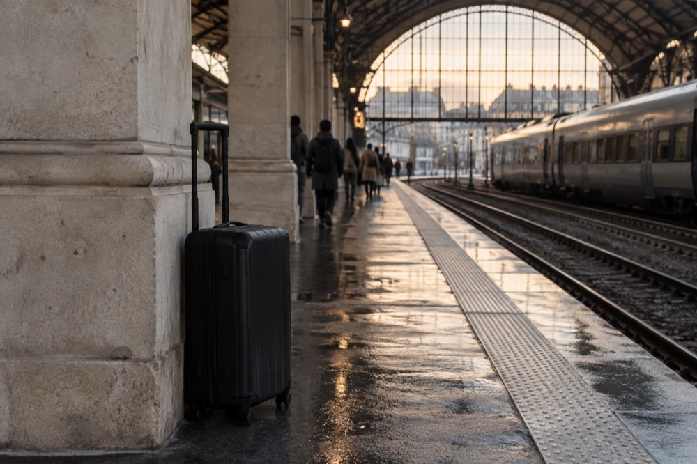 A station platform with a suitcase standing beside a platform pillar
