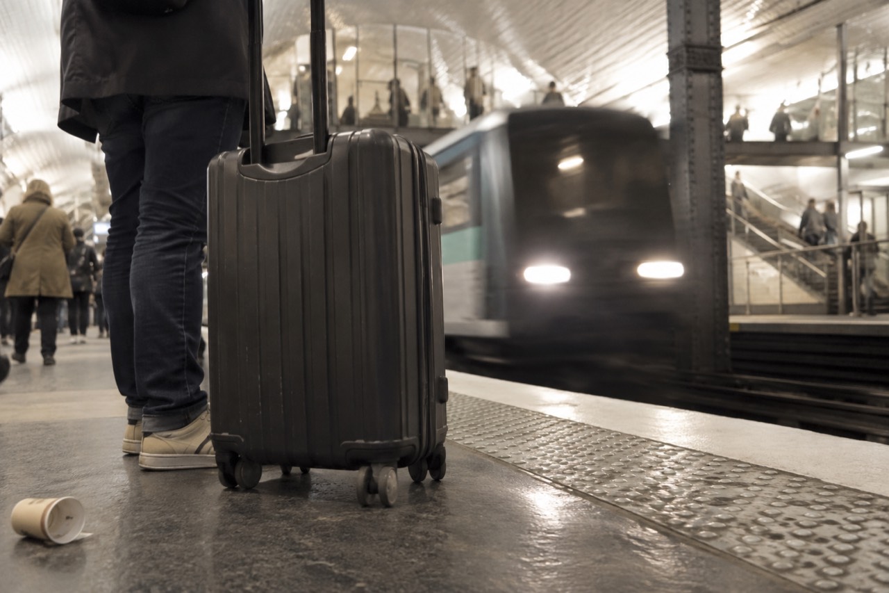 A suitcase beside a traveller on a Paris Metro platform as a train arrives