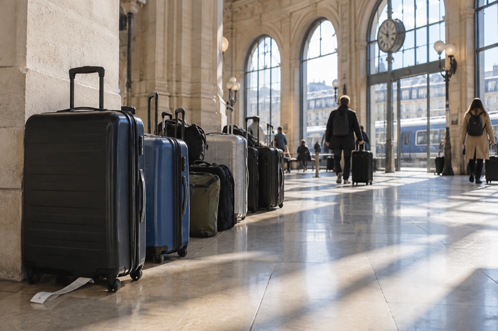 Valises alignées dans un hall d'aéroport lumineux près de Paris