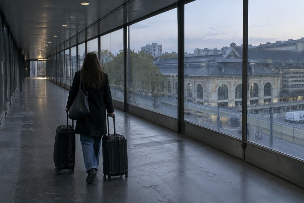 Un voyageur tirant deux valises dans un couloir d'aéroport vide aux parois vitrées près de Paris