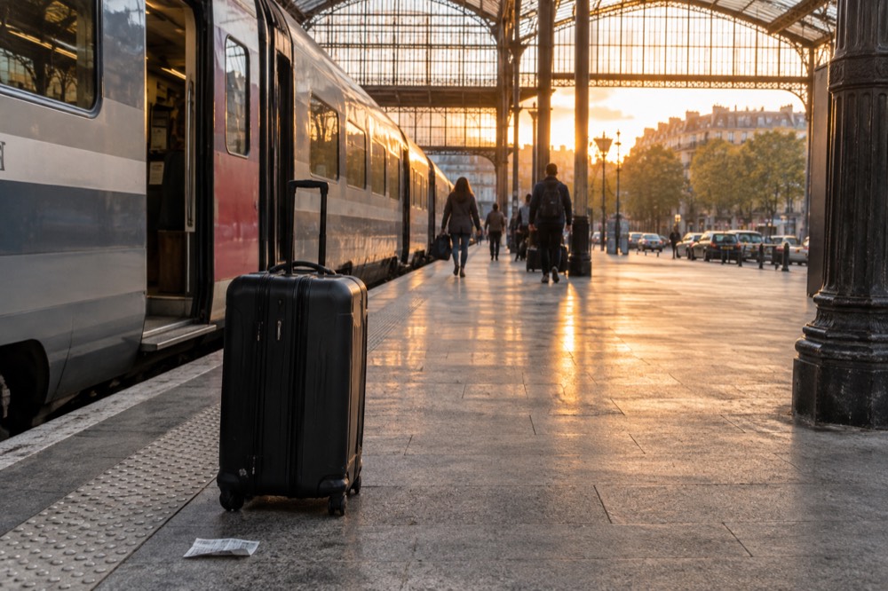 Une valise à côté d'un train express régional sur un quai de gare près de Paris