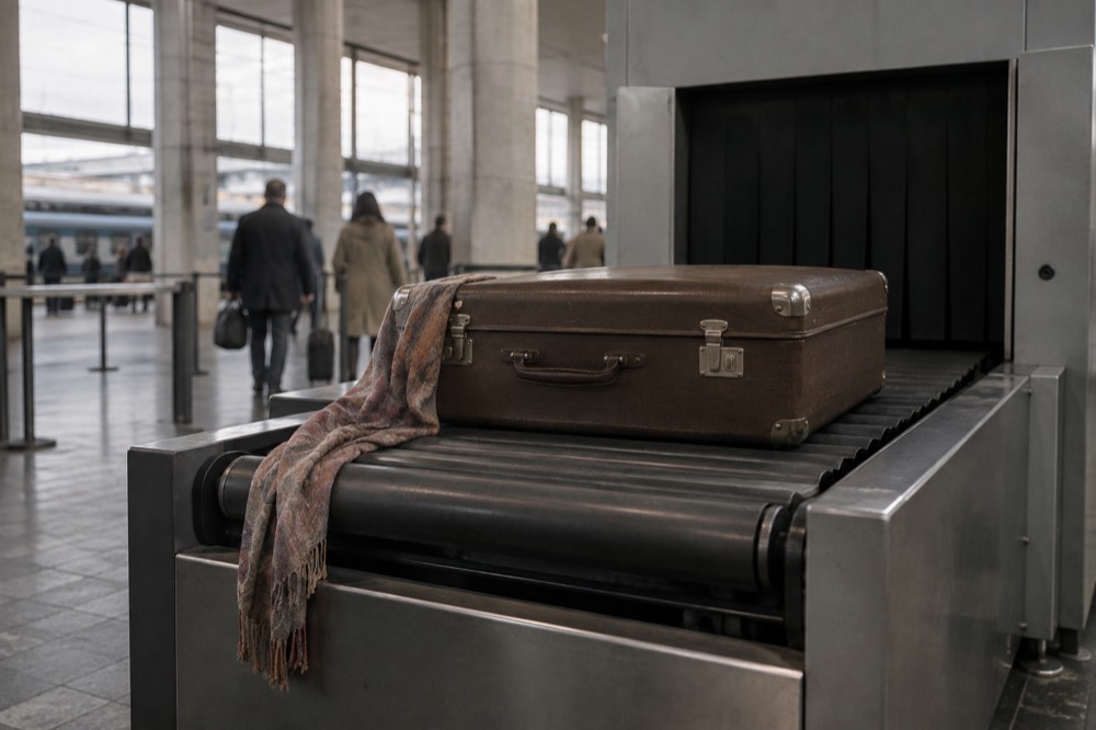 Une valise sur le tapis d'un scanner de sécurité d'aéroport près de Paris
