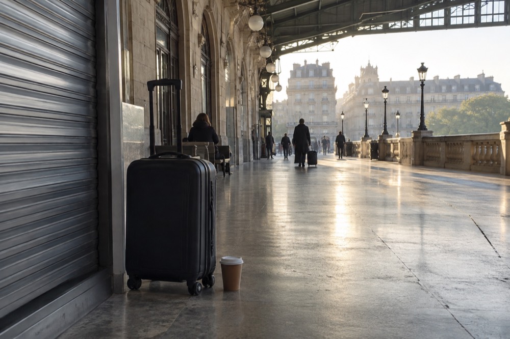 Un hall de gare dans la lumière du petit matin, avec la valise d'un voyageur posée près d'un rideau de boutique fermé