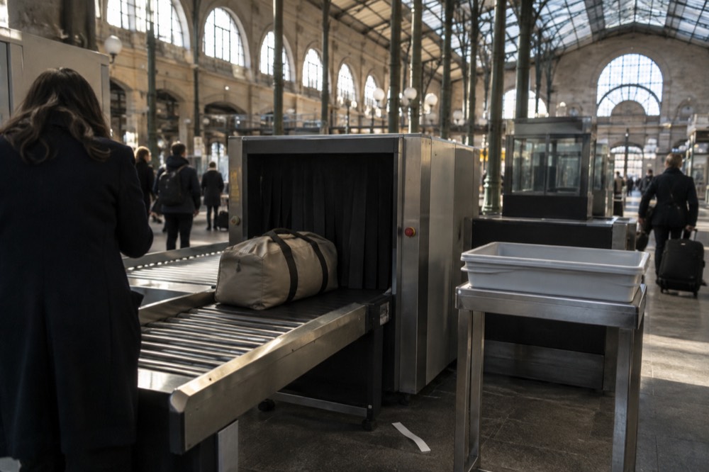 Un équipement de contrôle de sécurité à côté d'un comptoir dans une zone bagages d'aéroport