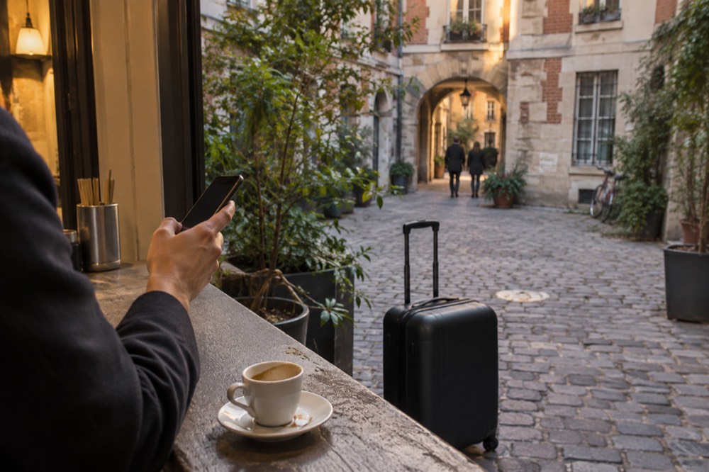 A phone held over a Paris shop counter beside a waiting suitcase