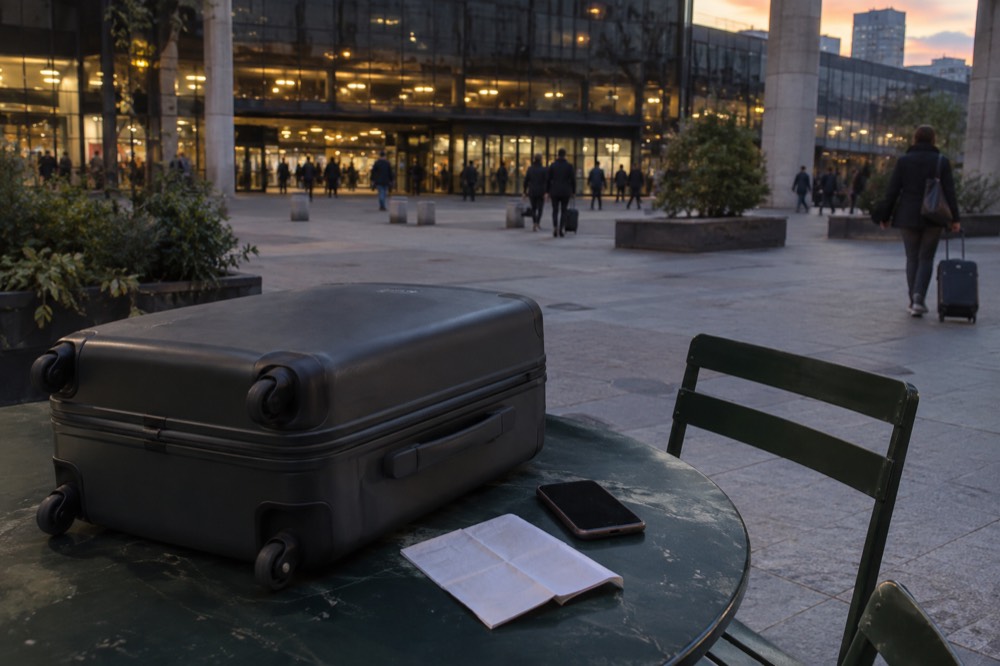 A closed large suitcase with a claim checklist and a phone beside it on a table