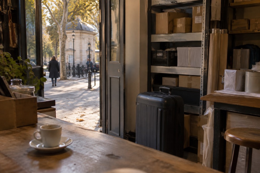 A large suitcase stored behind the counter of a small Paris shop