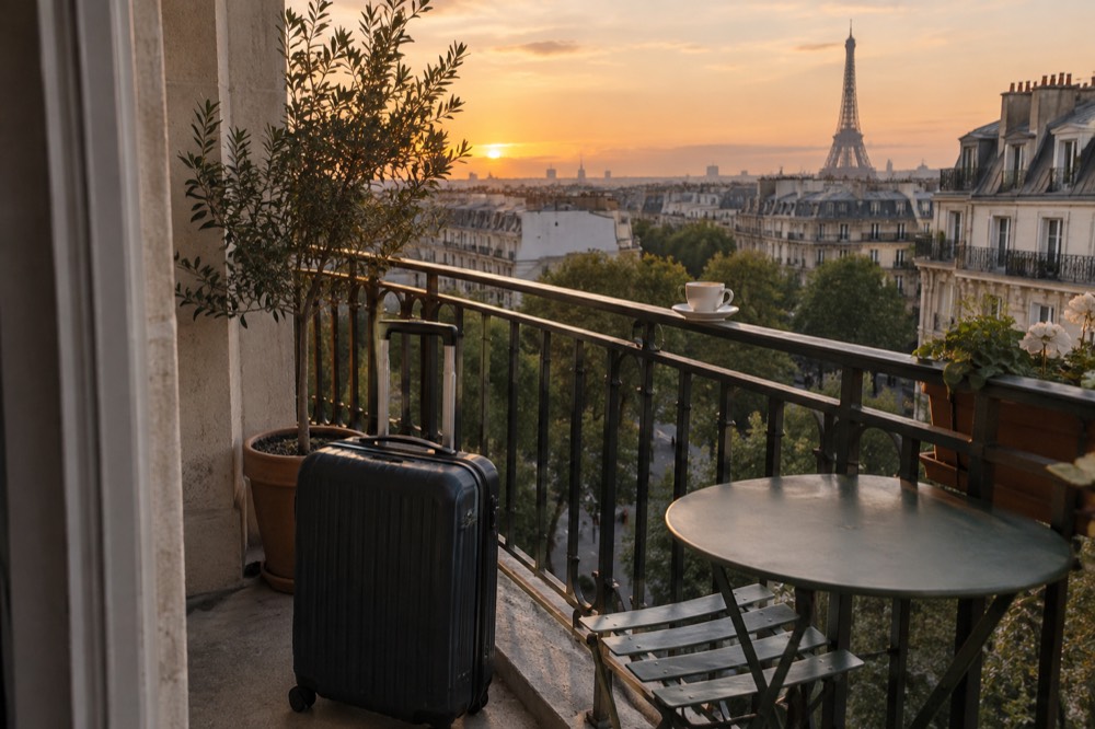 A view across Paris rooftops towards a tall iron tower with a suitcase standing on a balcony terrace