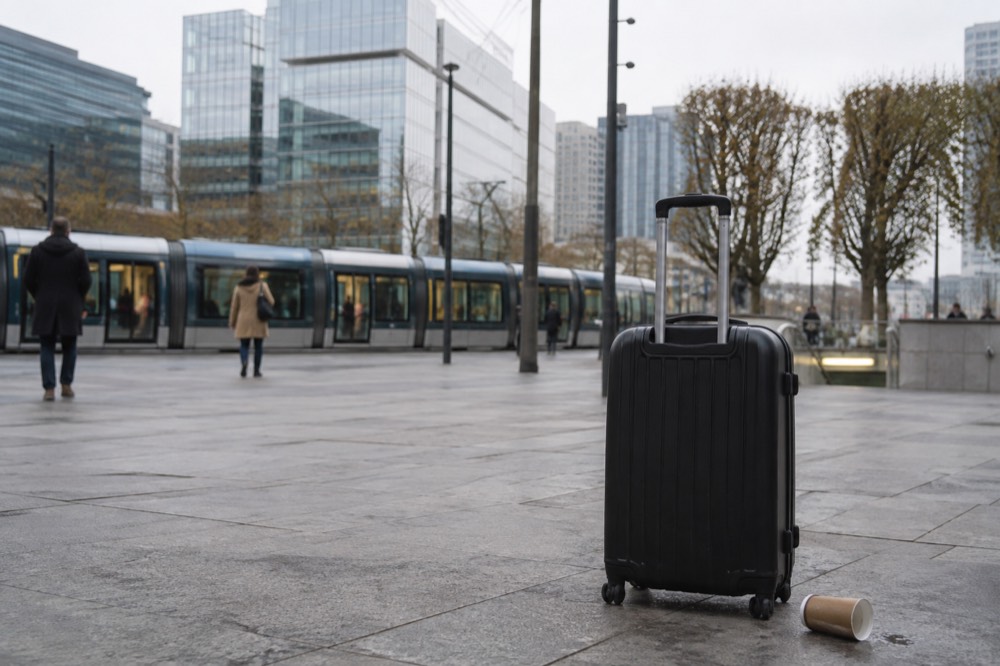 A modern residential Paris district with a tram line and a suitcase waiting beside a bench