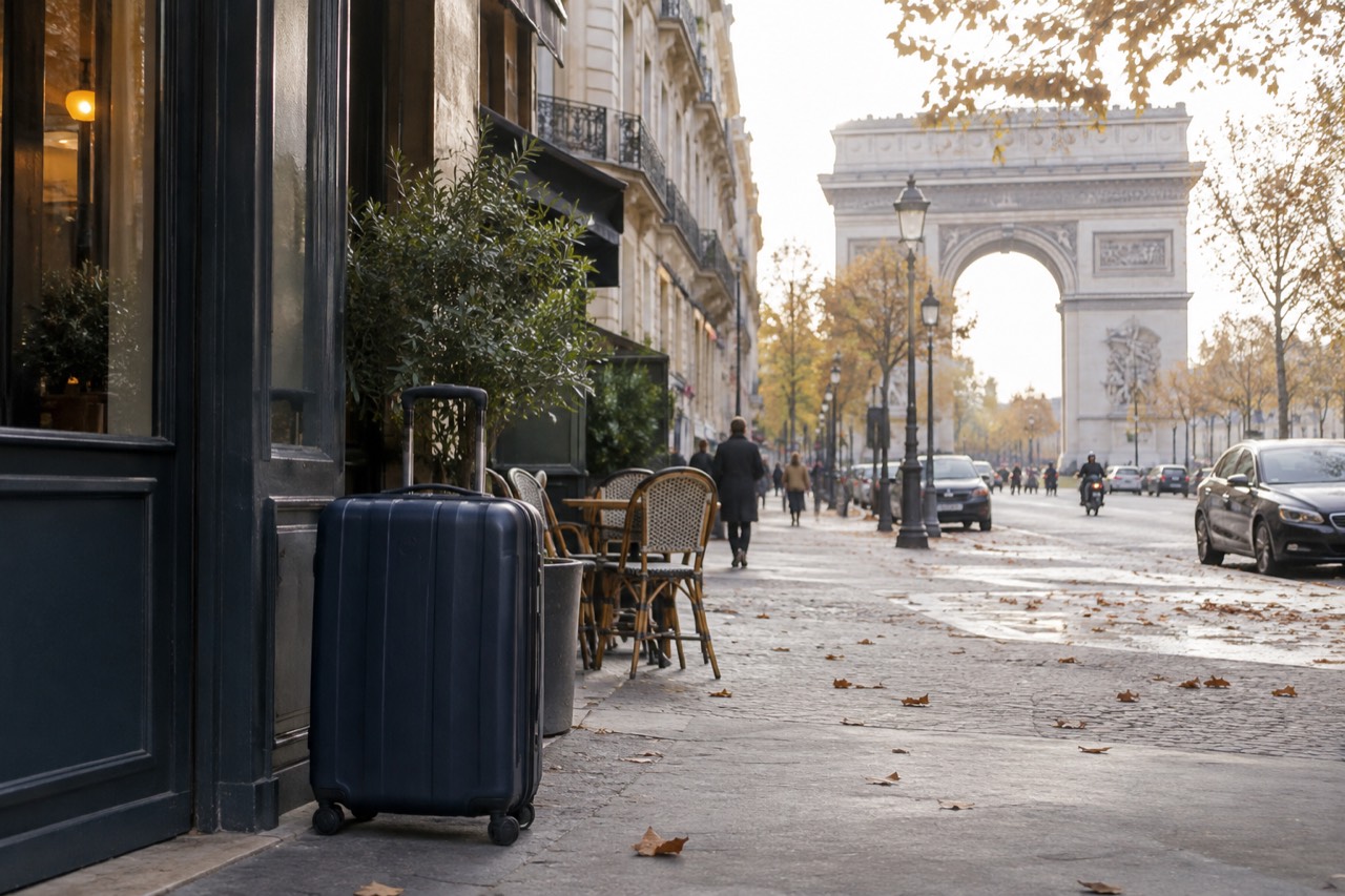 A Paris street corner with a closed suitcase standing beside a café doorway on a cobbled pavement