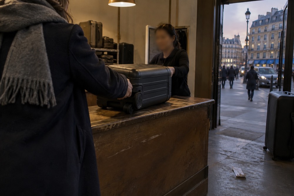 Un voyageur tendant une valise par-dessus le comptoir d'une boutique à un membre du personnel