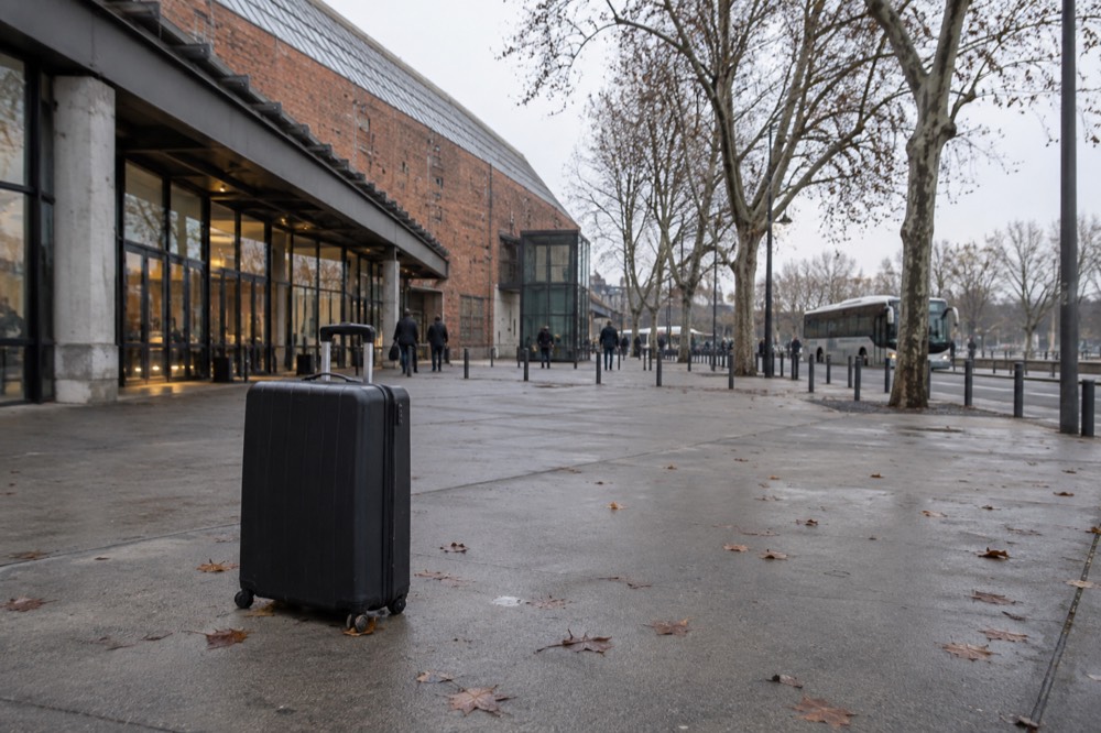 Un hall de gare avec une valise et aucune installation de casiers visible