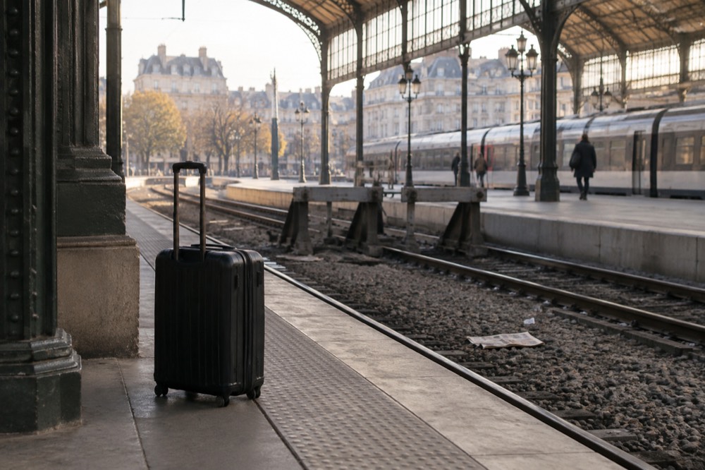 Une valise abandonnée seule au bord d'un quai dans une gare parisienne