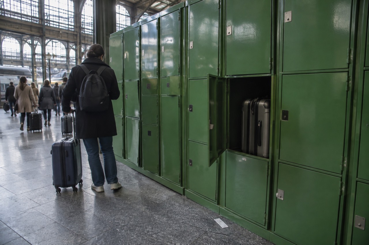 Rows of green self-service lockers in a Paris train station concourse