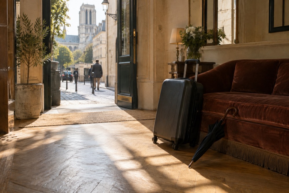 Une valise posée à côté d'un canapé dans le hall d'un hôtel parisien