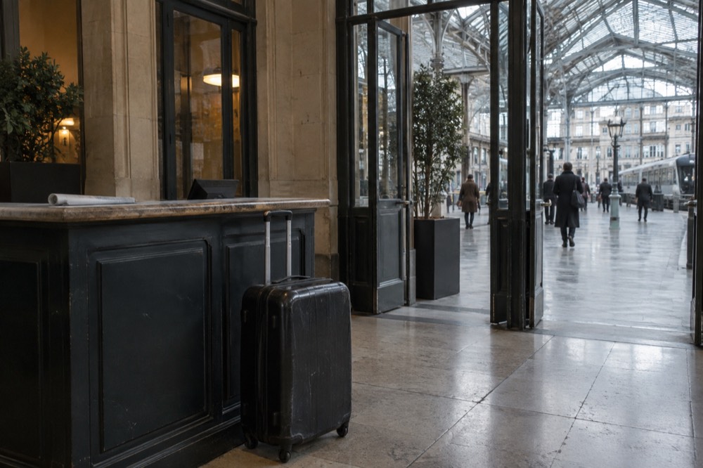 Une valise qui attend à côté de la réception d'un hôtel parisien