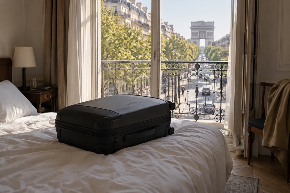 Une valise bouclée sur le lit d'une chambre d'hôtel parisienne