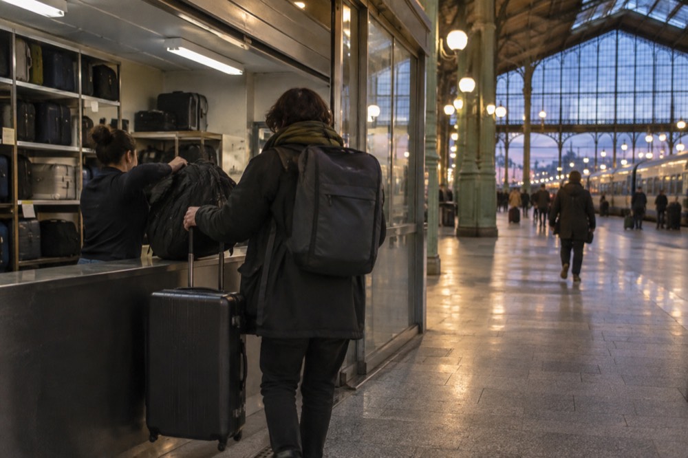 Un voyageur remettant une valise à un préposé de consigne près d'une gare