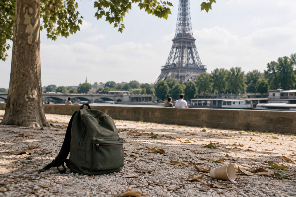 Un petit sac à dos sur le gravier du Champ de Mars, avec la tour Eiffel en arrière-plan