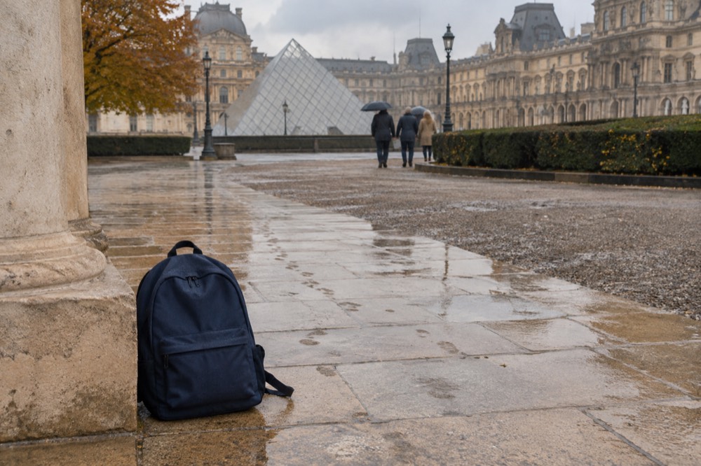 Un sac à dos de journée sur le pavage de la cour du Louvre, à côté de la pyramide de verre